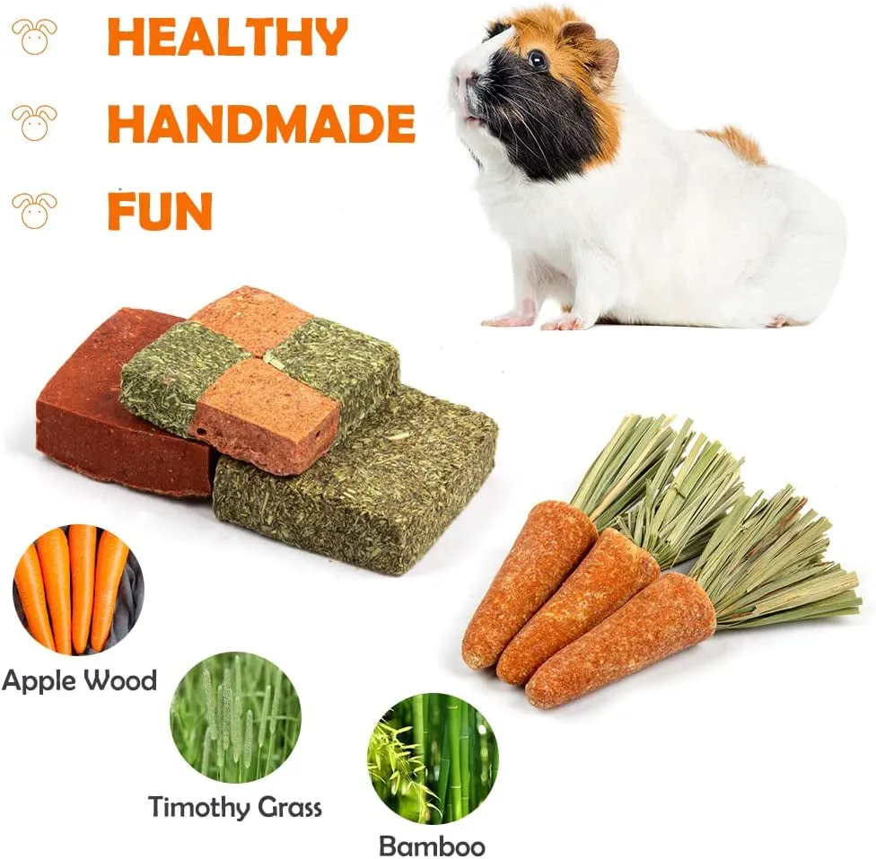 Guinea Pig Toys Rabbit Toys Bunny Toys 15pcs Natural Timothy Hay Hamster Toys for Teeth Handmade Rabbit Chews and Treats Chinchilla Rat Gerbil