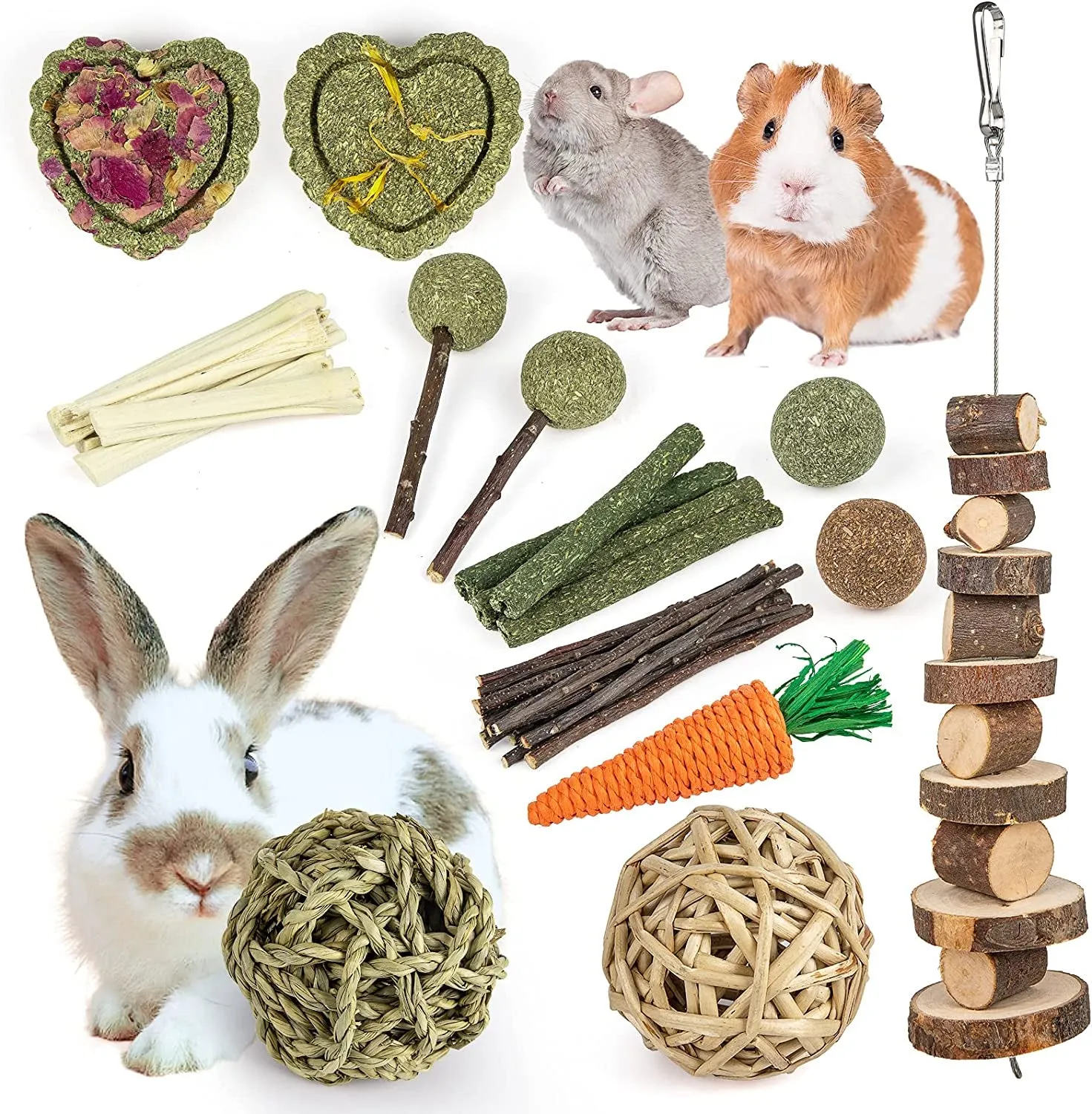 Guinea Pig Toys Rabbit Toys Bunny Toys 15pcs Natural Timothy Hay Hamster Toys for Teeth Handmade Rabbit Chews and Treats Chinchilla Rat Gerbil
