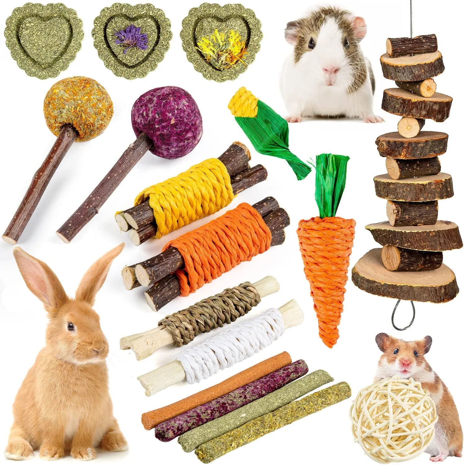 Guinea Pig Toys Rabbit Toys Bunny Toys 15pcs Natural Timothy Hay Hamster Toys for Teeth Handmade Rabbit Chews and Treats Chinchilla Rat Gerbil