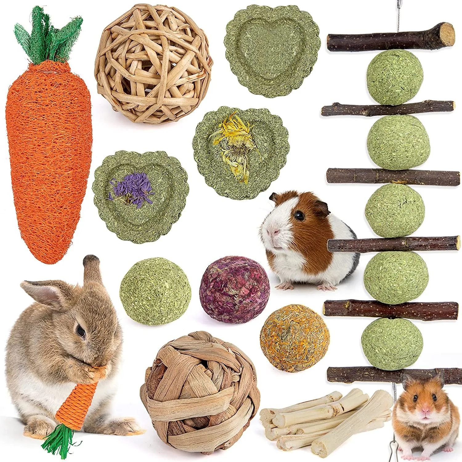 Guinea Pig Toys Rabbit Toys Bunny Toys 15pcs Natural Timothy Hay Hamster Toys for Teeth Handmade Rabbit Chews and Treats Chinchilla Rat Gerbil