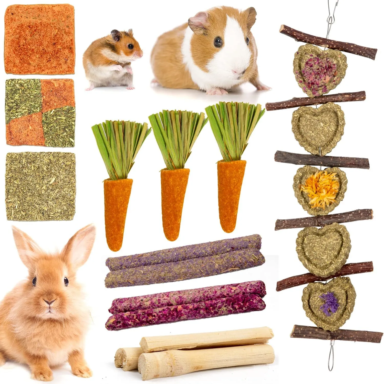 Guinea Pig Toys Rabbit Toys Bunny Toys 15pcs Natural Timothy Hay Hamster Toys for Teeth Handmade Rabbit Chews and Treats Chinchilla Rat Gerbil