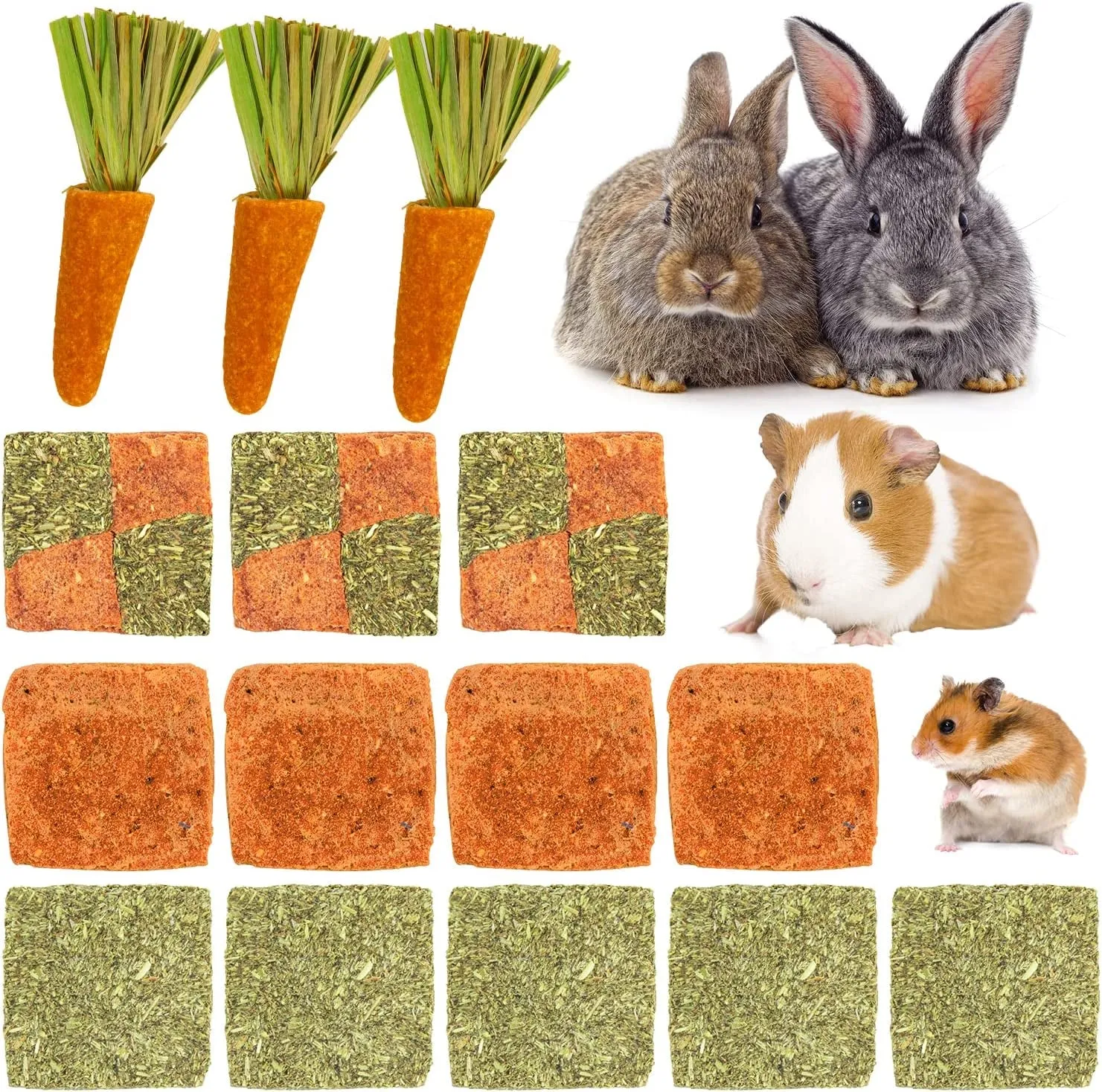 Guinea Pig Toys Rabbit Toys Bunny Toys 15pcs Natural Timothy Hay Hamster Toys for Teeth Handmade Rabbit Chews and Treats Chinchilla Rat Gerbil