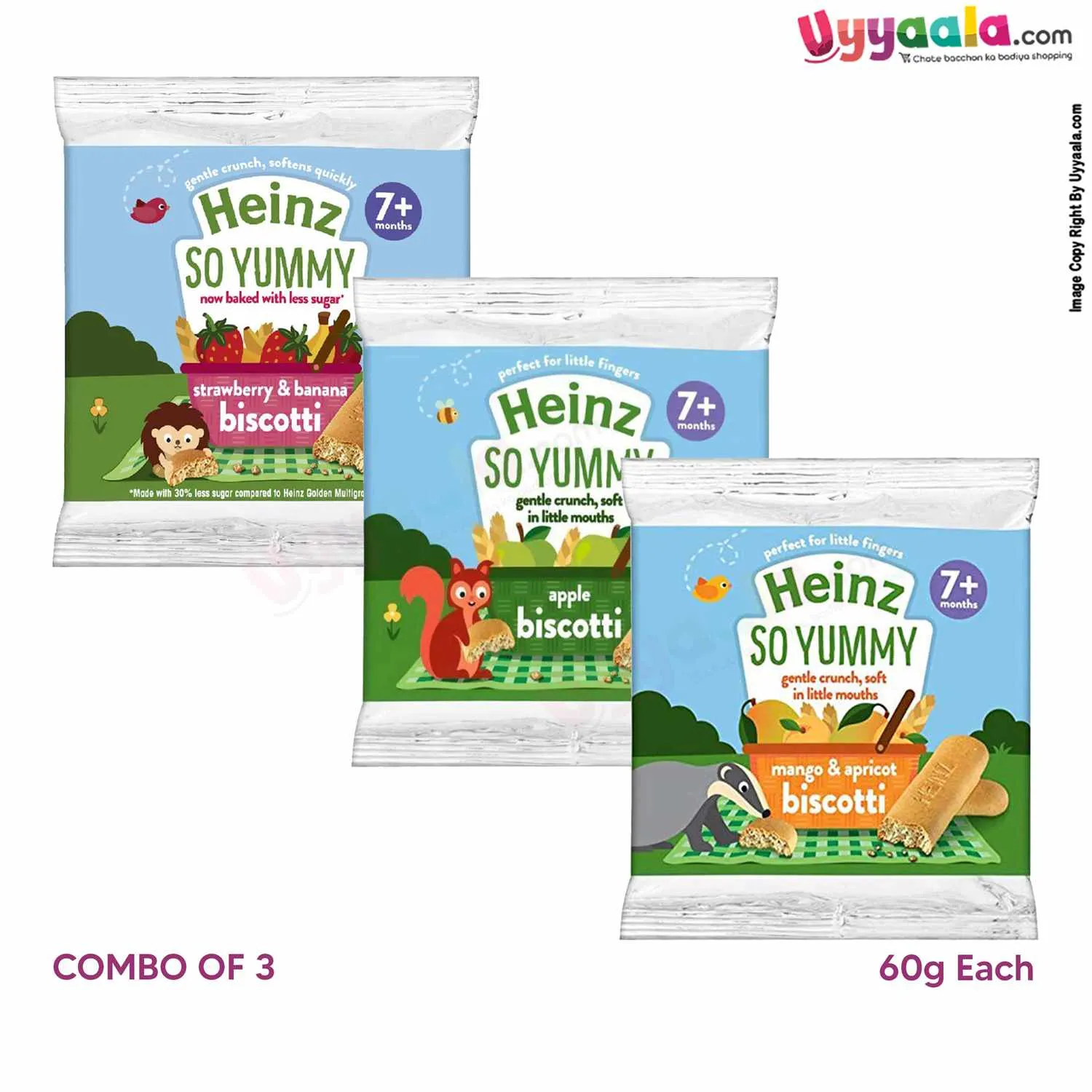 Heinz So Yummy Banana, Apple & Mango Apricot Biscotti for Kids Snacks, 60g each, 7 months (Combo of 3)