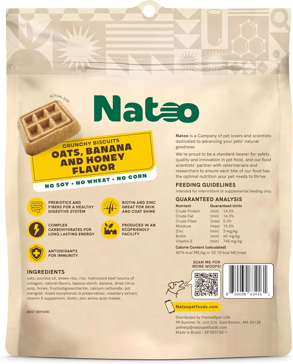 Natoo Crunchy Biscuits Big Bite Oats, Banana, & Honey Flavor for Large Dogs, 8-oz