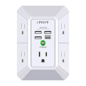 Wall Charger, Surge Protector, QINLIANF 5 Outlet Extender with 4 USB Charging Ports (4.8A Total) 3-Sided 1680J Power Strip Multi Plug Adapter Spaced for Home Travel Office (3U1C)